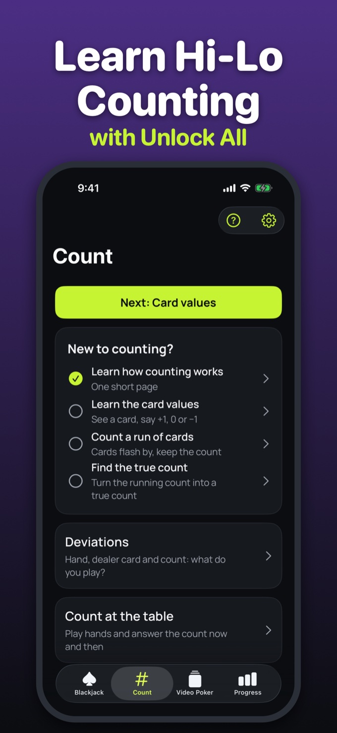Captioned screenshot: Learn Hi-Lo Counting, with Unlock All, showing the card counting drills