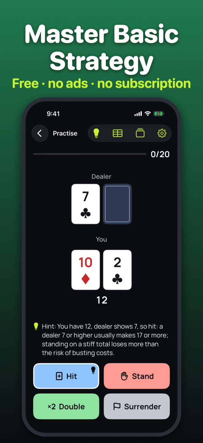Captioned App Store image: Master Basic Strategy, free with no ads or subscription, above the Blackjack practice screen