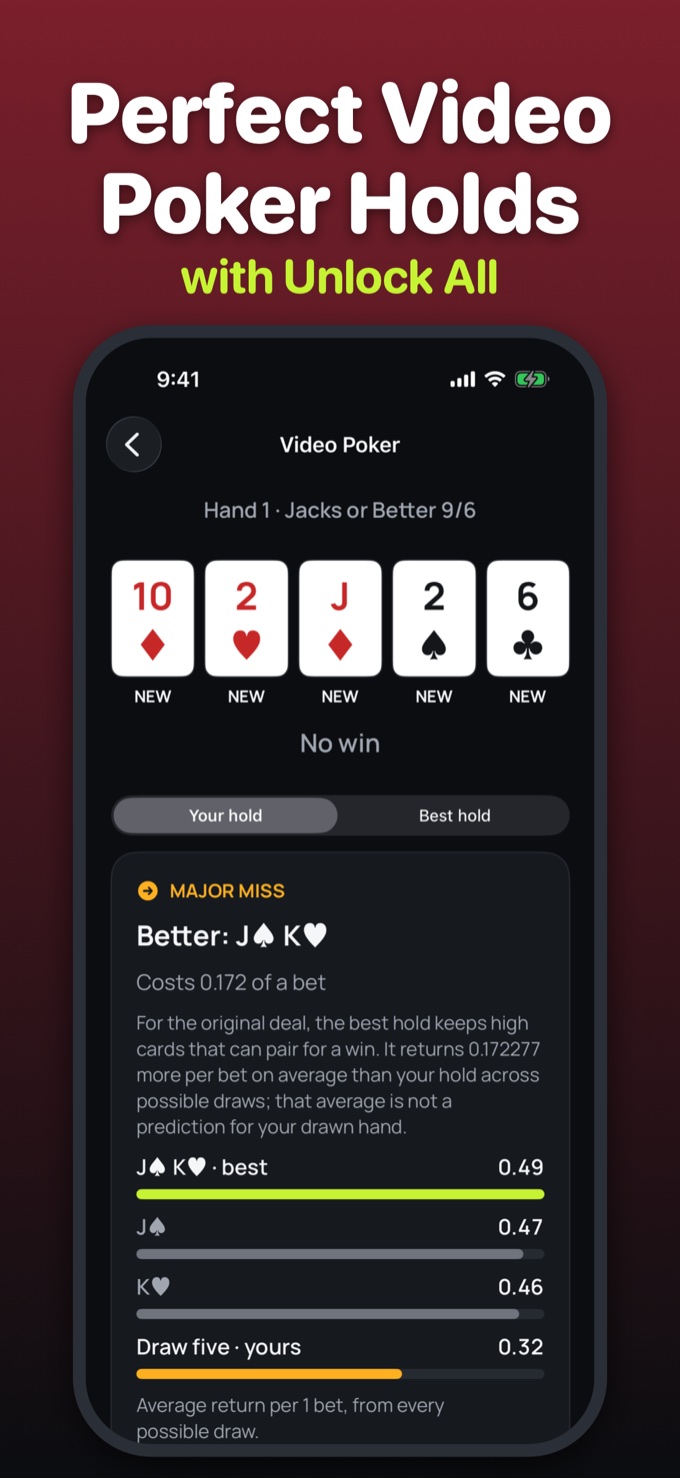 Captioned screenshot: Perfect Video Poker Holds, with Unlock All, showing feedback comparing a hold with the best hold